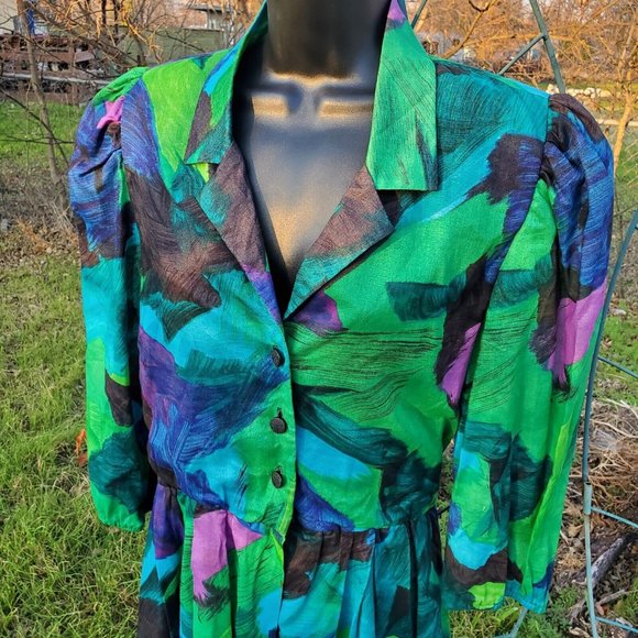 Vintage Doncaster Blue Purple Abstract Dress SZ 14 Mod Art to wear Swing - Picture 10 of 10